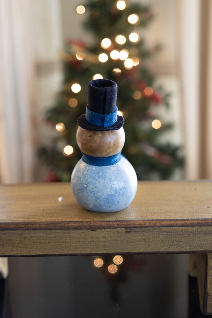 Gabriel Blue Snowman Gourd Back View at Meadowbrooke Gourds. 