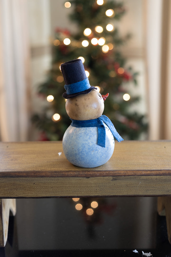Gabriel Blue Snowman Gourd Side View at Meadowbrooke Gourds. 