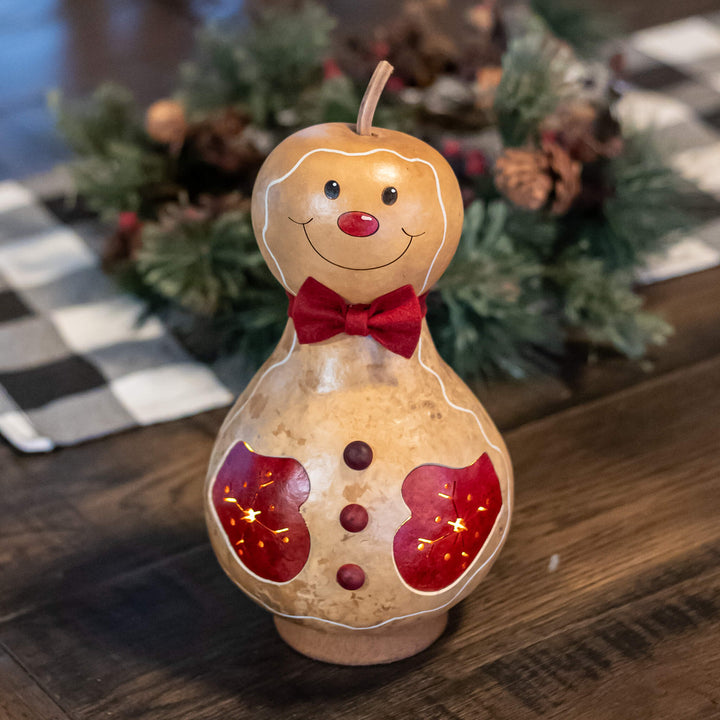Gingerbread Man - Medium Lit winter hand-crafted gourd luminary design by Meadowbrooke Gourds