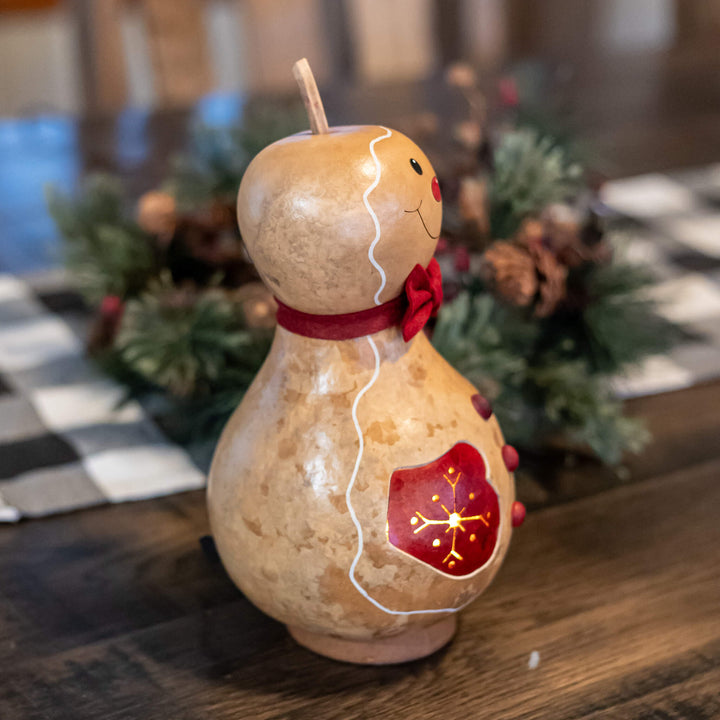 Gingerbread Man - Medium Lit winter hand-crafted gourd luminary design by Meadowbrooke Gourds