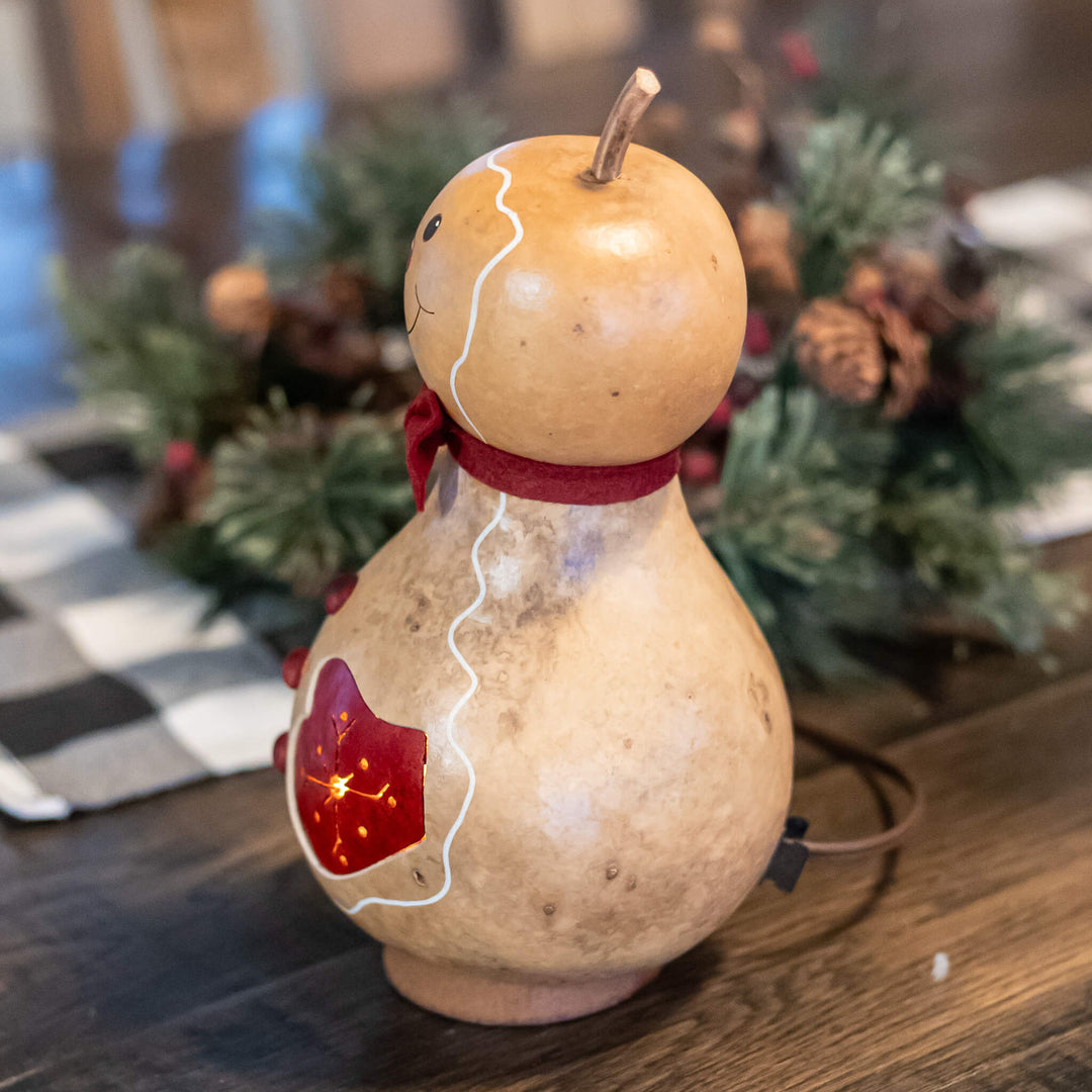 Gingerbread Man - Medium Lit winter hand-crafted gourd luminary design by Meadowbrooke Gourds