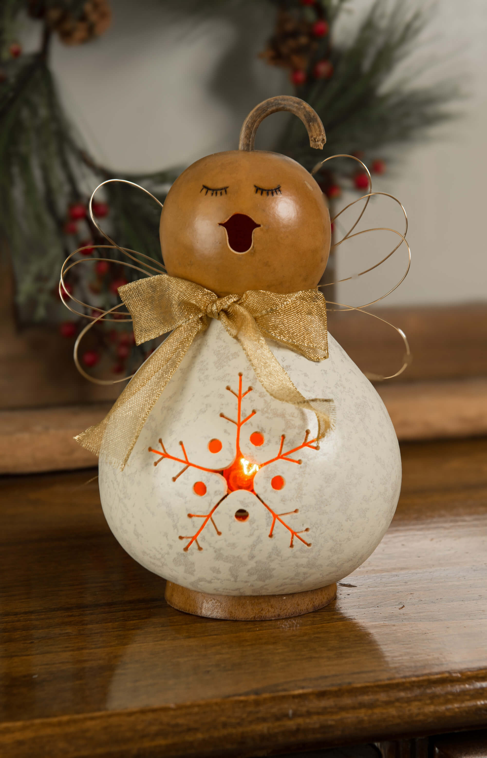Julia - Small Lit Angel Winter Christmas Gourd Tabletop Decor