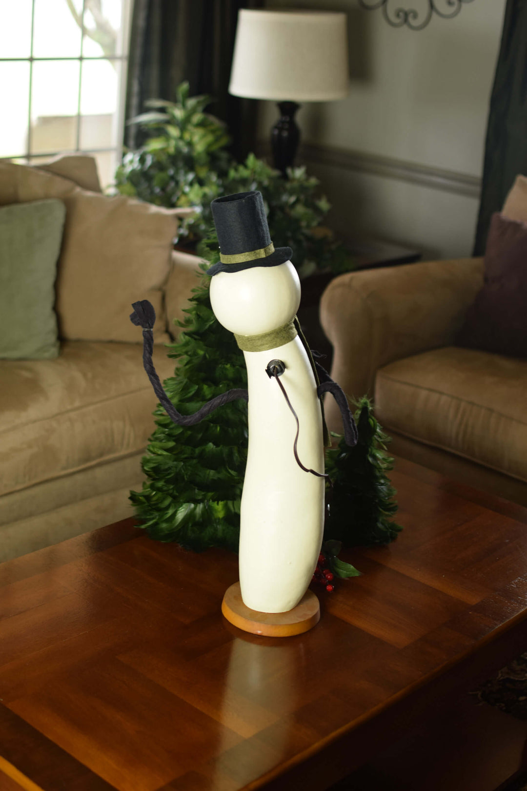 Meadowbrooke Snowman Large Tall Lit Gourd at Meadowbrooke Gourds. Back View