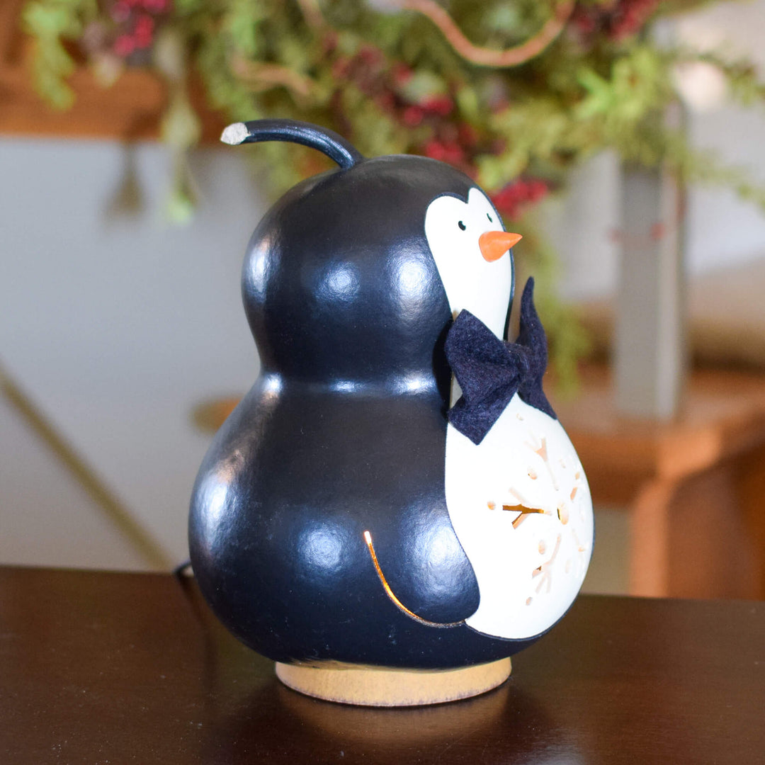 Parkin Small Lit Penguin Gourd - Side View at Meadowbrooke Gourds. 