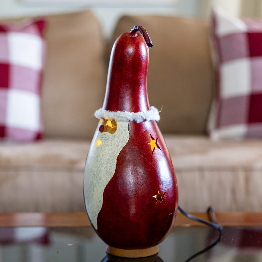 Santa Medium Tall Lit Gourd - Side View at Meadowbrooke Gourds. 