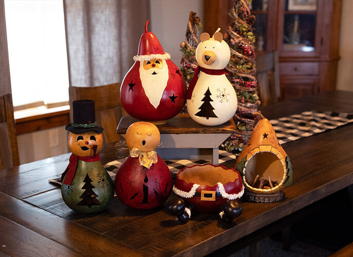 Winter Create Your Own Large Gourd Samples at Meadowbrooke Gourds.  Santa, Bear, Snowman, Angel, Santa Pants Candy Dish and Campfire Gourd. 