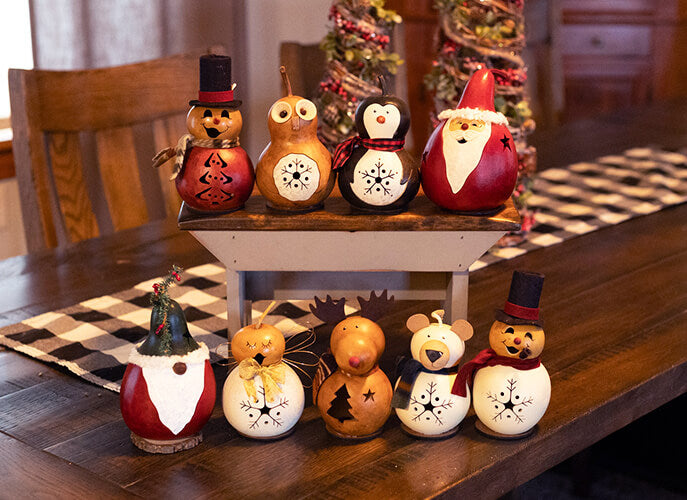 Winter Create Your Own Small Size Examples at Meadowbrooke Gourds.  Snowman, Angel, Penguin, Santa, Gnome, Moose and Bear.