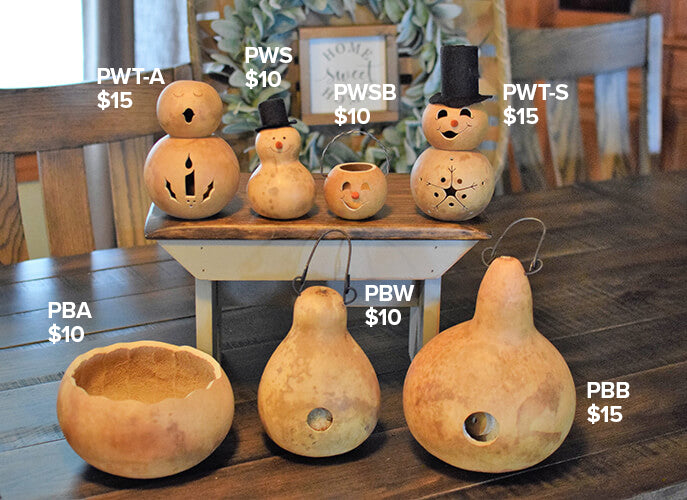 Samples of gourd creations for a class at Meadowbrooke Gourds