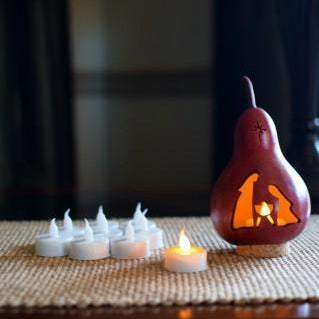 Miniature nativity scene gourd with battery operated tealights  at Meadowbrooke Gourds
