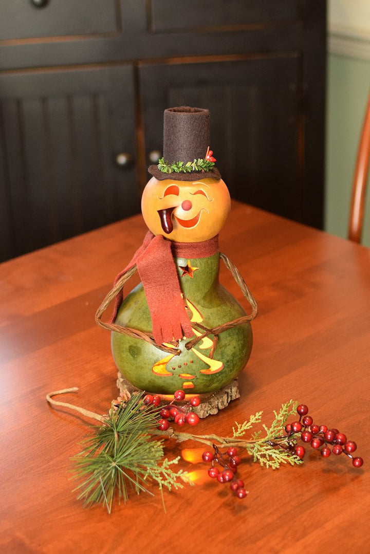 Pinewood snowman lit gourd at Meadowbrooke Gourds