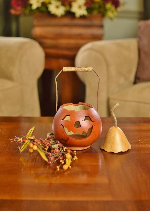 Jack o lantern gourd basket with gourd hat  at Meadowbrooke Gourds