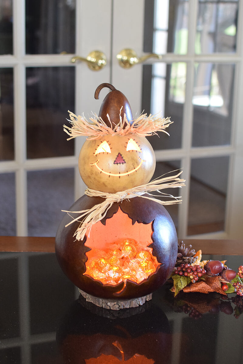 Sawyer the scarecrow gourd candy dish  at Meadowbrooke Gourds