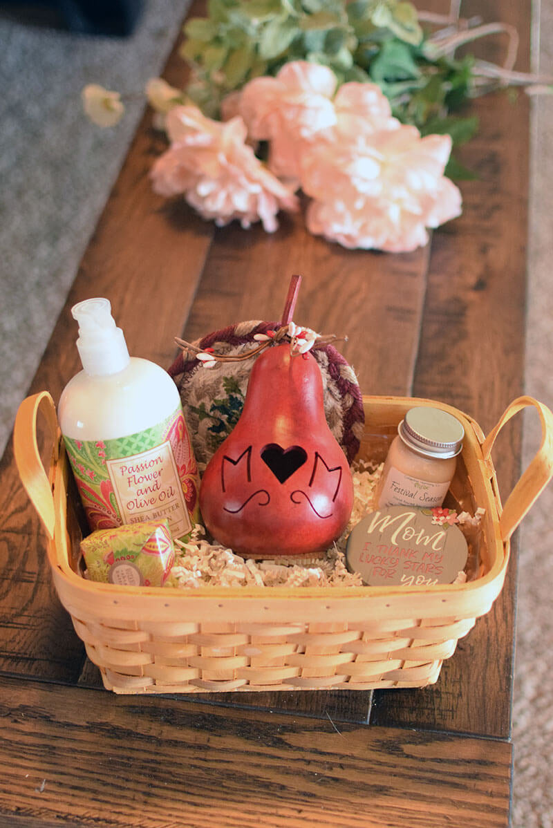 Basket with lotion Mom gourd candle and Mom sign